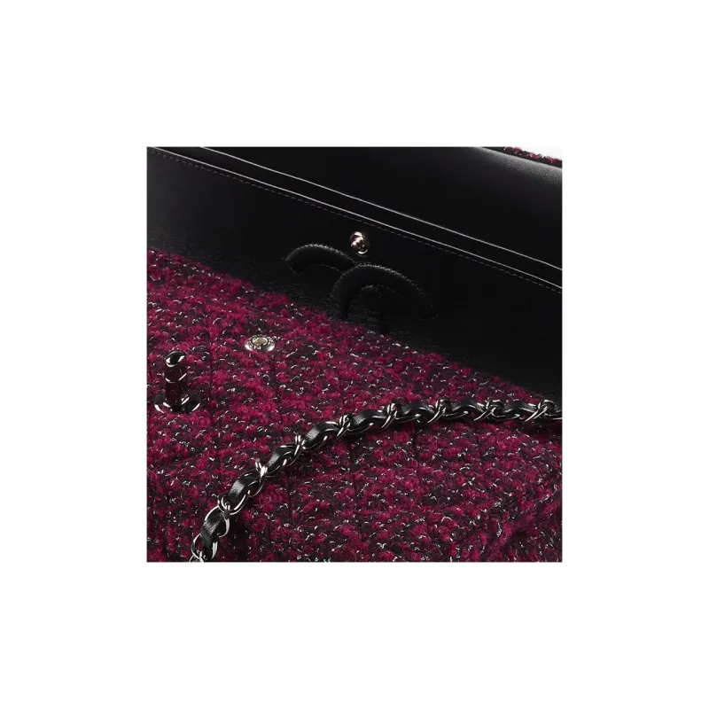 CHANEL Classic Flap CF Wool Twill Soft Woolen Rust Metal Shoulder Bag, Crossbody Bag Women's Deep Pink/Black Silver-3