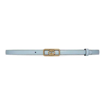 GUCCI Double G Smooth Buckle Leather Belts Women's Light Blue Width 1.5CM