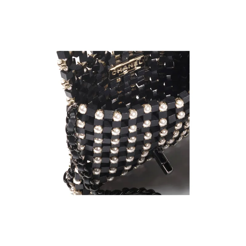 CHANEL Wooden Patchwork Artificial Pearl Evening Bag, Shoulder Bag, Crossbody Bag Mini Women's Black/White-3