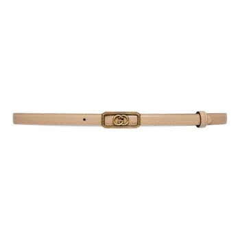 GUCCI Double G Slim Fit Smooth Buckle Leather Belts Women's Beige Width 1.5CM