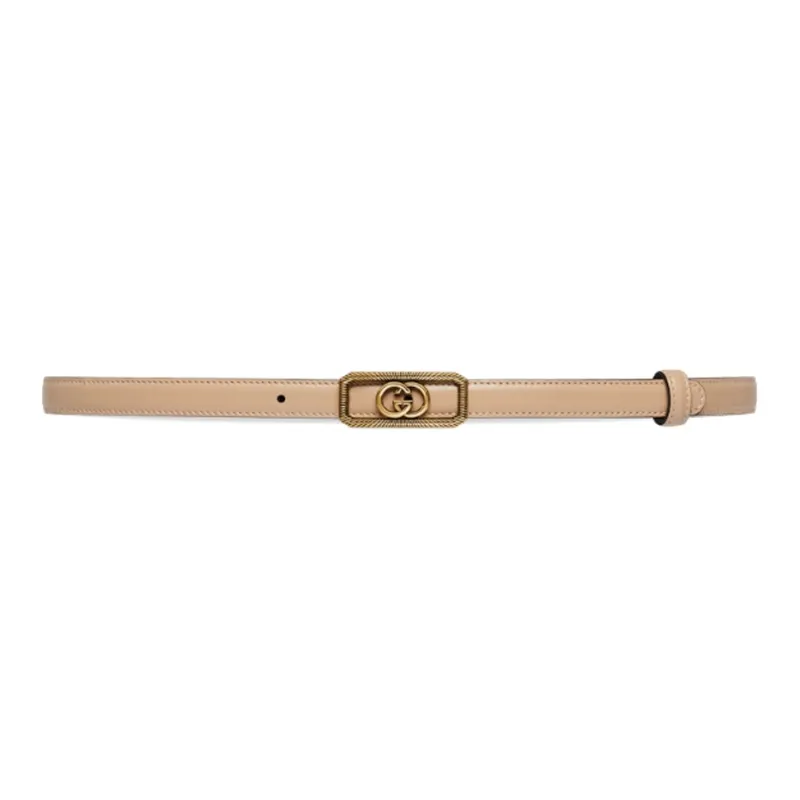 GUCCI Double G Slim Fit Smooth Buckle Leather Belts Women's Beige Width 1.5CM-0