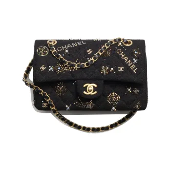 CHANEL Classic Flap CF Twill Velvet Patchwork Rhinestone Shoulder Bag Crossbody Bag Small Size Women's Black