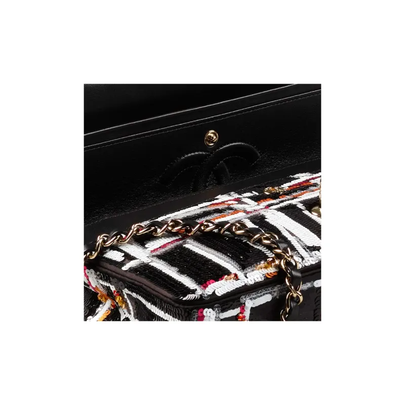 CHANEL Classic Flap CF Embroidered Silk Satin Handbag, Shoulder Bag, Crossbody Bag Women's Black, White, Red, And Gold-2