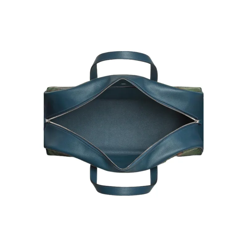 HERMES Plaid Melton Canvas With Evercolor Calfskin Canvas Bag, Handbag Regular Unisex Green/Blue-3