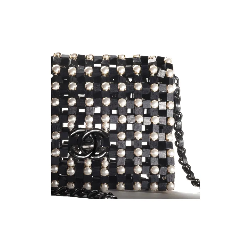 CHANEL Wooden Patchwork Artificial Pearl Evening Bag, Shoulder Bag, Crossbody Bag Mini Women's Black/White-4