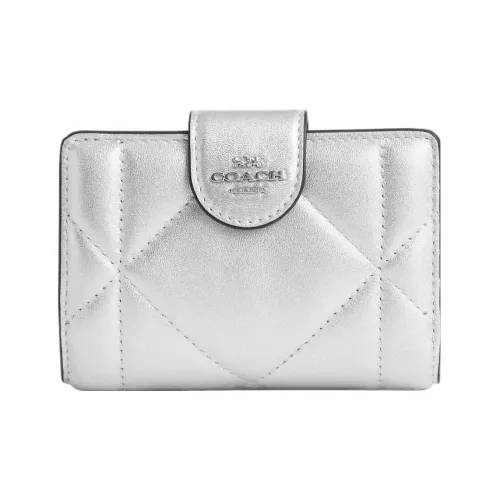 COACH Corner Zip Leather Patchwork Calfskin Wallet Medium Size Women's Silver