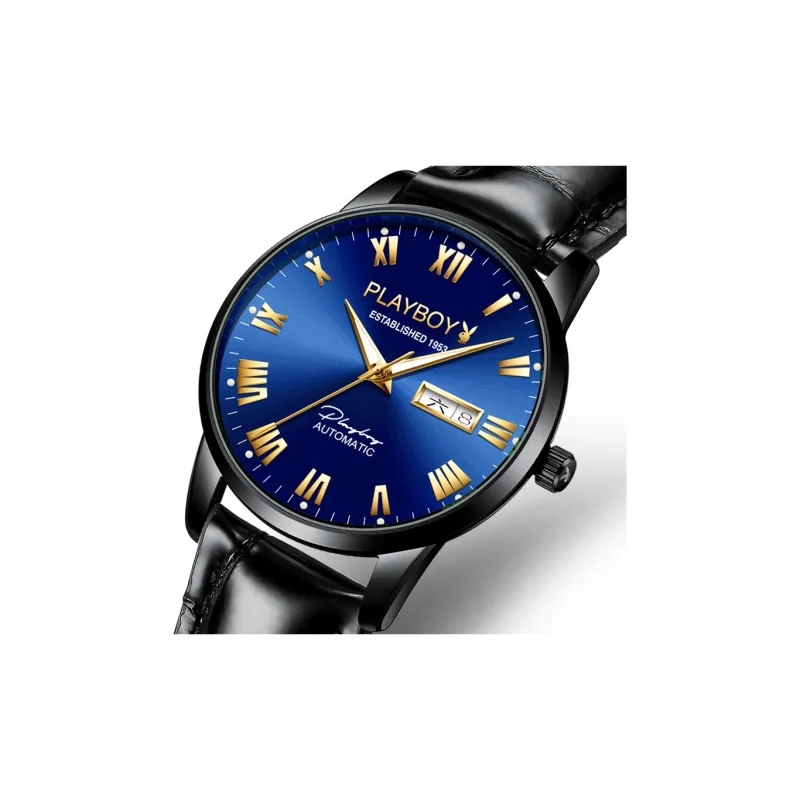 Playboy, Extra Thin Collection Mechanical Movement Leather Strap Watch Men's Watches Black Dial-16