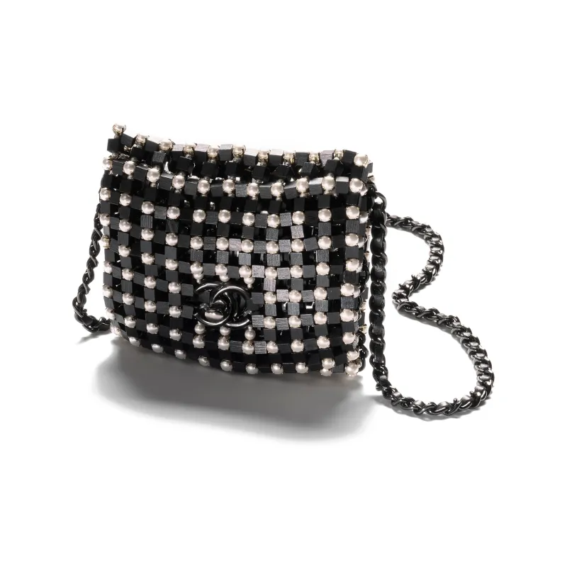 CHANEL Wooden Patchwork Artificial Pearl Evening Bag, Shoulder Bag, Crossbody Bag Mini Women's Black/White-2