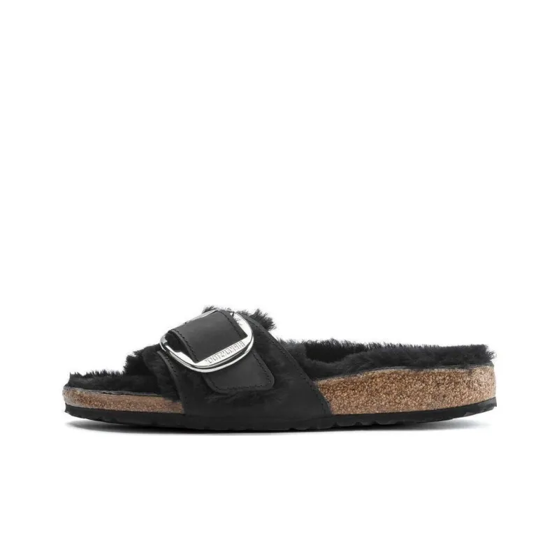 Birkenstock Madrid Big Buckle Shearling Oiled Leather Narrow Fit Sandals 'Black' Women's-0