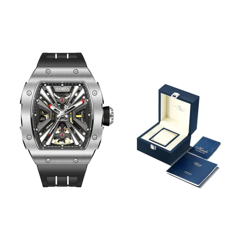 HaofaTourbillon Mechanical Movement Rubber Strap Watch Men's Watches Silver Dial-1