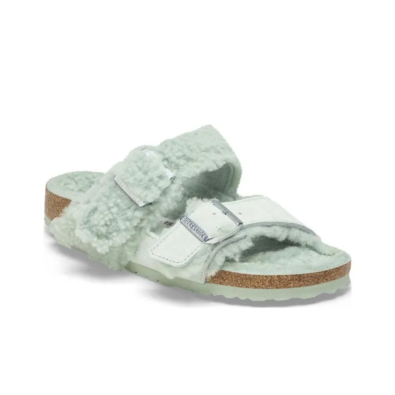 Birkenstock Arizona Teddy Split Slide Slippers Women's Green Regular-1