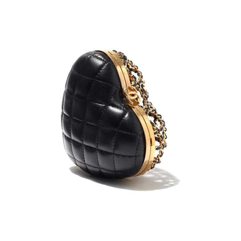CHANEL Sheepskin Evening Bag, One Shoulder Crossbody Clutch Regular Women's Black/Gold-3