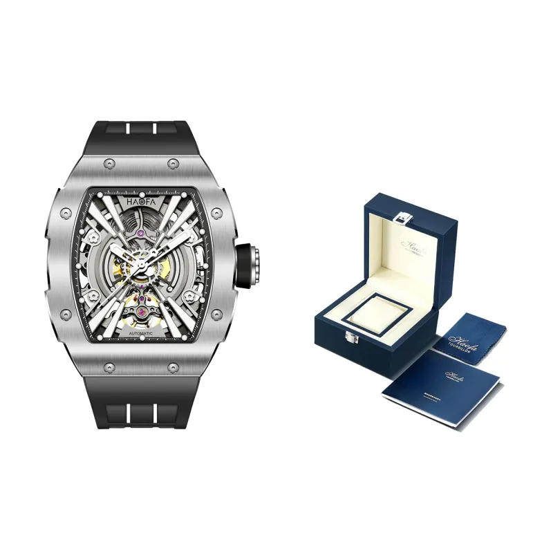 HaofaTourbillon Arknights Series Automatic Mechanical Movement Rubber Strap Watch Men's Watches Silver Dial-1