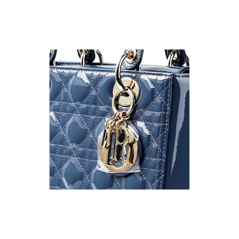 DIOR Lady Dior Patent Leather Cowhide Dior Bag Shoulder Bag Crossbody Bag Handbag Medium Size Women's Dark Denim Blue-5