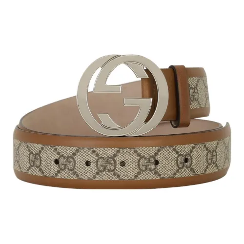 GUCCI Patterned Print Plate Buckle Leather Belts Men's Brown Width  4CM
