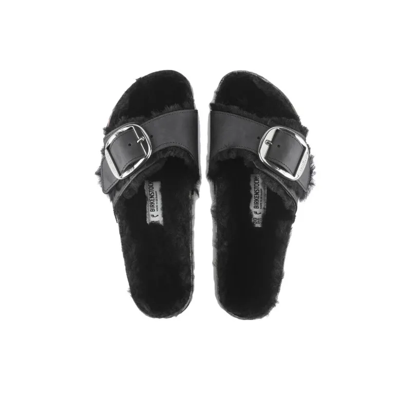 Birkenstock Madrid Big Buckle Shearling Oiled Leather Narrow Fit Sandals 'Black' Women's-3