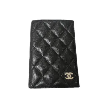 CHANEL Grain Litchi Grain Cow Leather Passport Card Holder Women's Black
