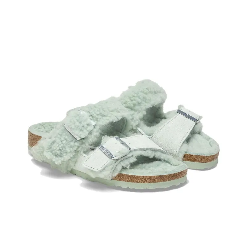 Birkenstock Arizona Teddy Split Slide Slippers Women's Green Regular-2