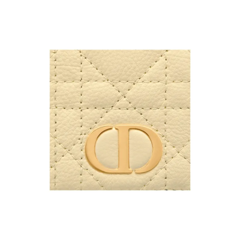 DIOR Caro Calfskin Coin Purse Card Holder Clutch Wallet Women's Custard-4