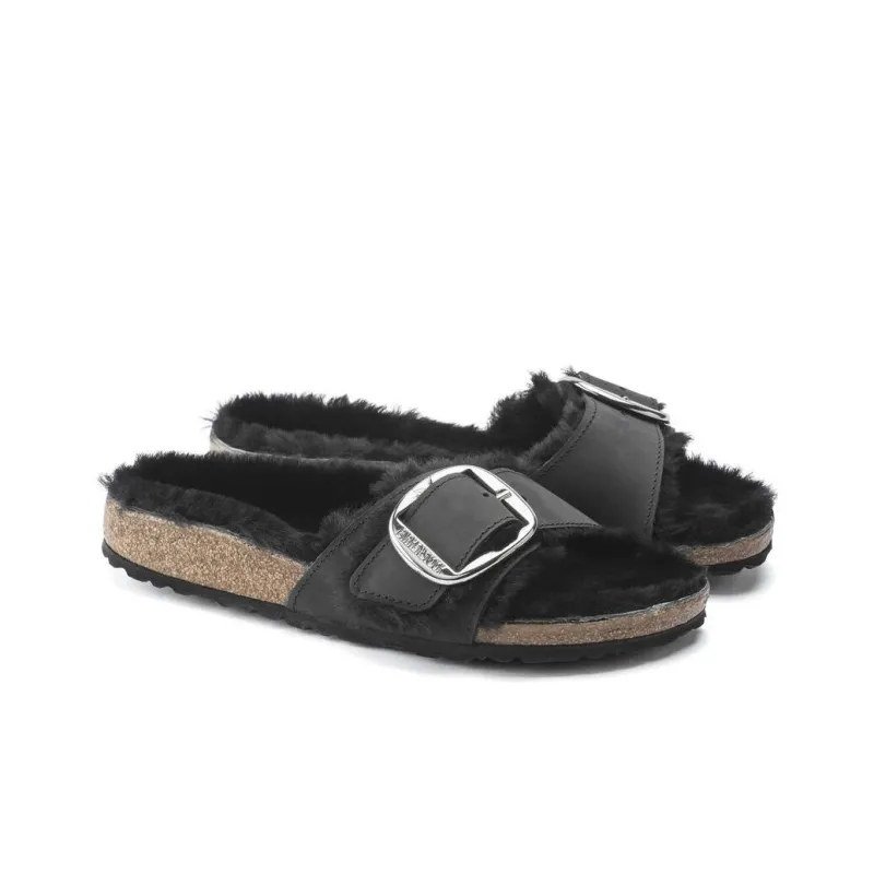 Birkenstock Madrid Big Buckle Shearling Oiled Leather Narrow Fit Sandals 'Black' Women's-2