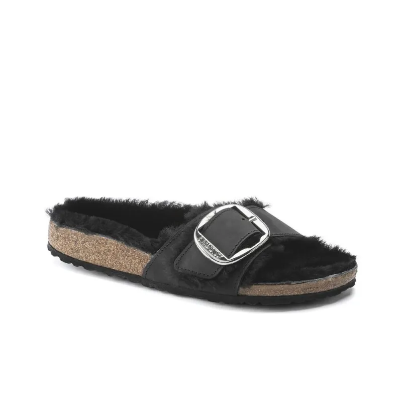 Birkenstock Madrid Big Buckle Shearling Oiled Leather Narrow Fit Sandals 'Black' Women's-1