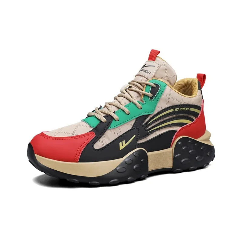 Warrior Anti Slip Wear Resistant High Top Chunky Sneakers Men's Khaki Black Red-1