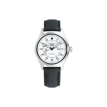 SEIKO NEW 5 Collection Mechanical Movement Leather Strap Watch Unisex White Dial