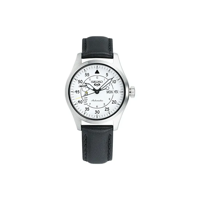 SEIKO NEW 5 Collection Mechanical Movement Leather Strap Watch Unisex White Dial-0