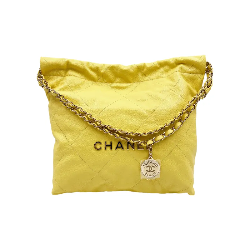 CHANEL 22Bag Grain Cow Leather Tote Bag, Shopping Bag, Portable Crossbody Bag, Shoulder Bag Trumpets Women's Yellow-0
