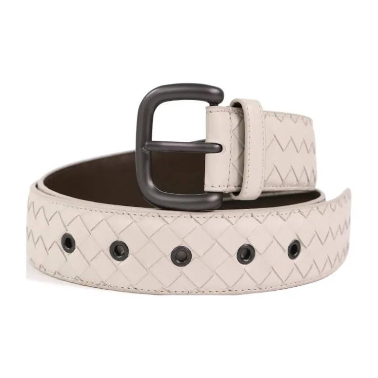 Bottega Veneta Woven Pattern Pin Buckle Leather Belts Unisex White Width  4cm-0