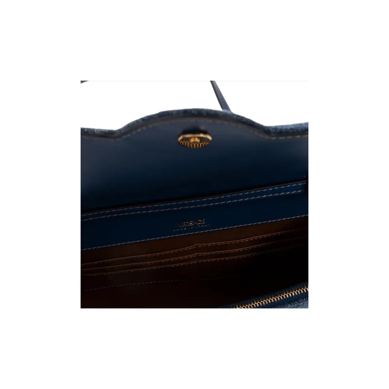 FANSIZHE La Medusa Cotton With Cow Leather Trim Shoulder Bag, Crossbody Bag Women's Blue-3