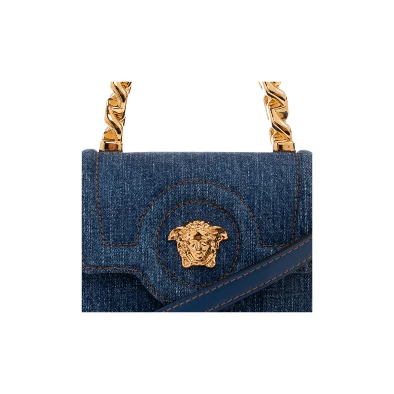 VERSACE La Medusa Denim Shoulder Bag Crossbody Bag Handbag Medium Size Men's Blue-3