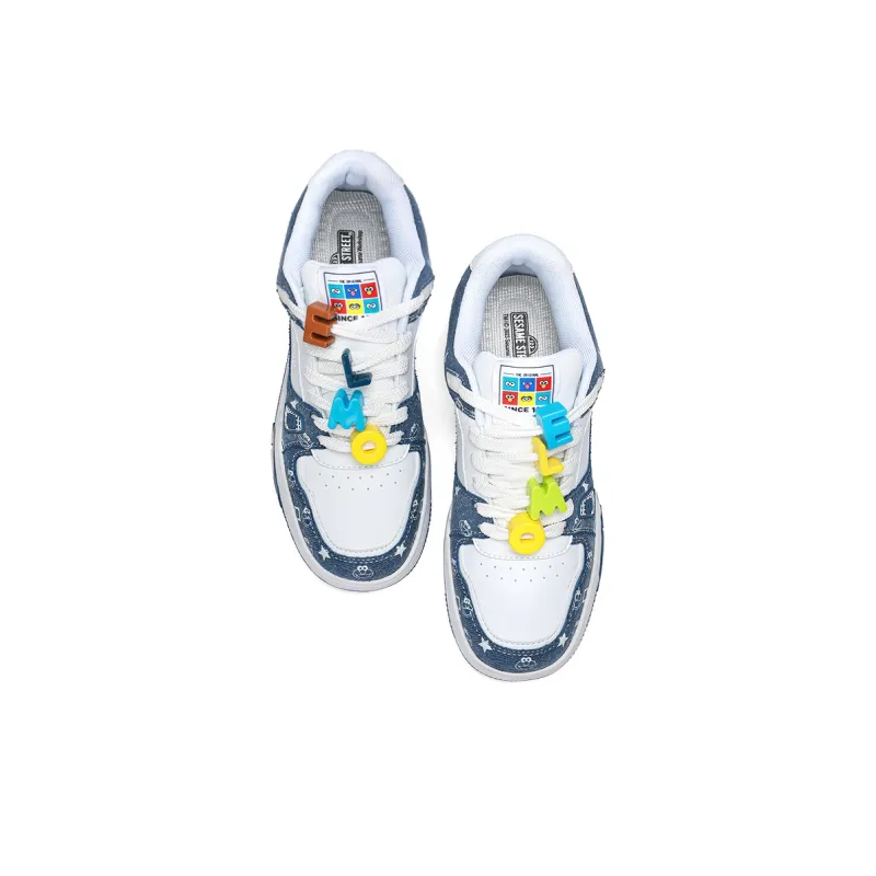 SESAME STREET Skateboard Shoes Unisex Low Top Black & White/Denim Blue/Beige Apricot/Black-17