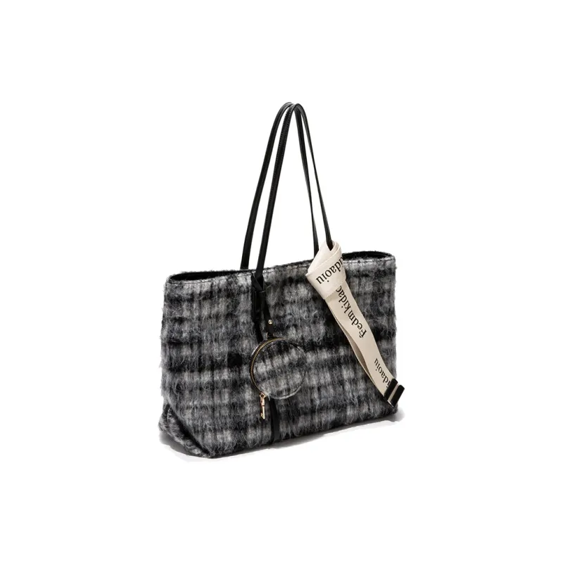 MACKJANICE Polyurethane Tote Shoulder Bag Women's Black White Plaid-4