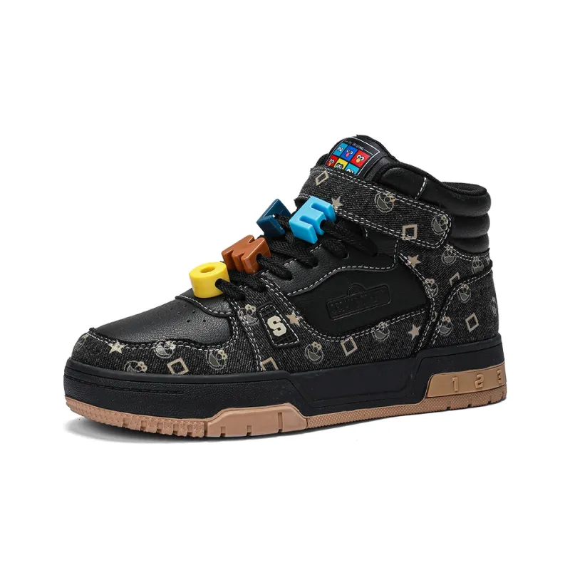 SESAME STREET Skateboard Shoes Unisex High Top Black & White/Denim Blue/Beige Apricot/Black-1