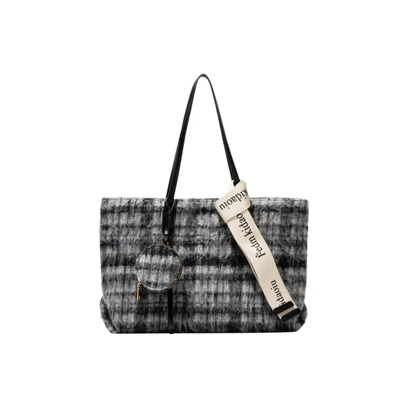 MACKJANICE Polyurethane Tote Shoulder Bag Women's Black White Plaid-1