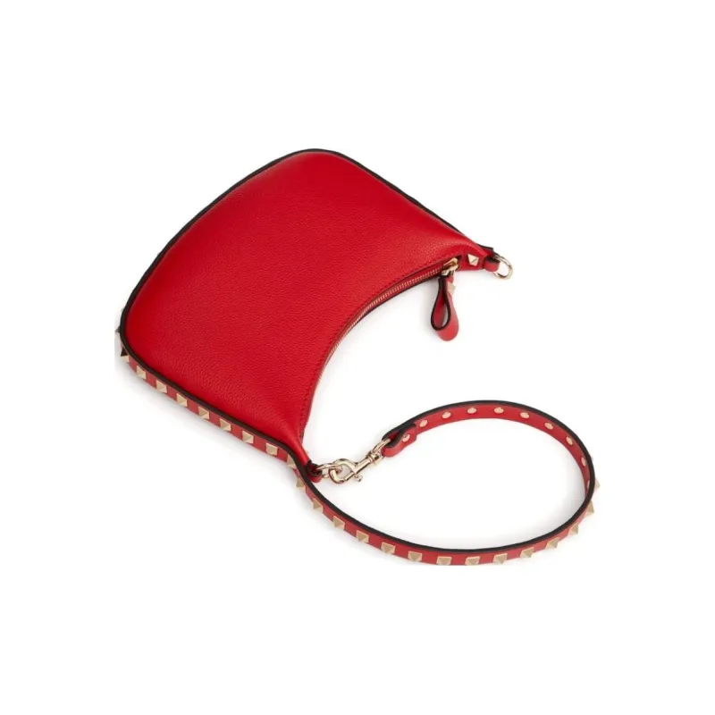 Valentino Rockstud Grain Calfskin Hobo Bag, Handbag, Shoulder Bag Women's Red-1