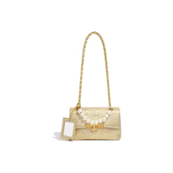 Miss Kung Rare Genuine Leather Sheepskin Small Square Bag Chain Pearl Bag Crossbody Bag Medium Size Women's Gold