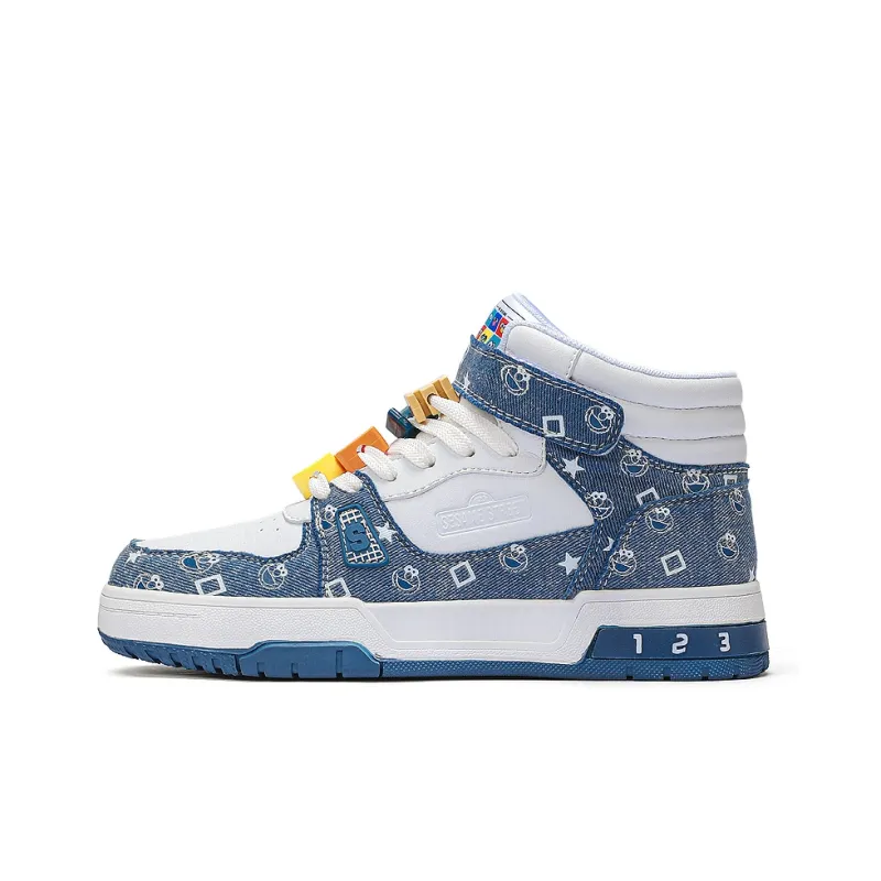 SESAME STREET Skateboard Shoes Unisex High Top Black & White/Denim Blue/Beige Apricot/Black-15