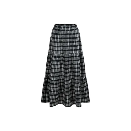 YOUNG KYLIN Casual Long Skirts Women's Black/White Plaid