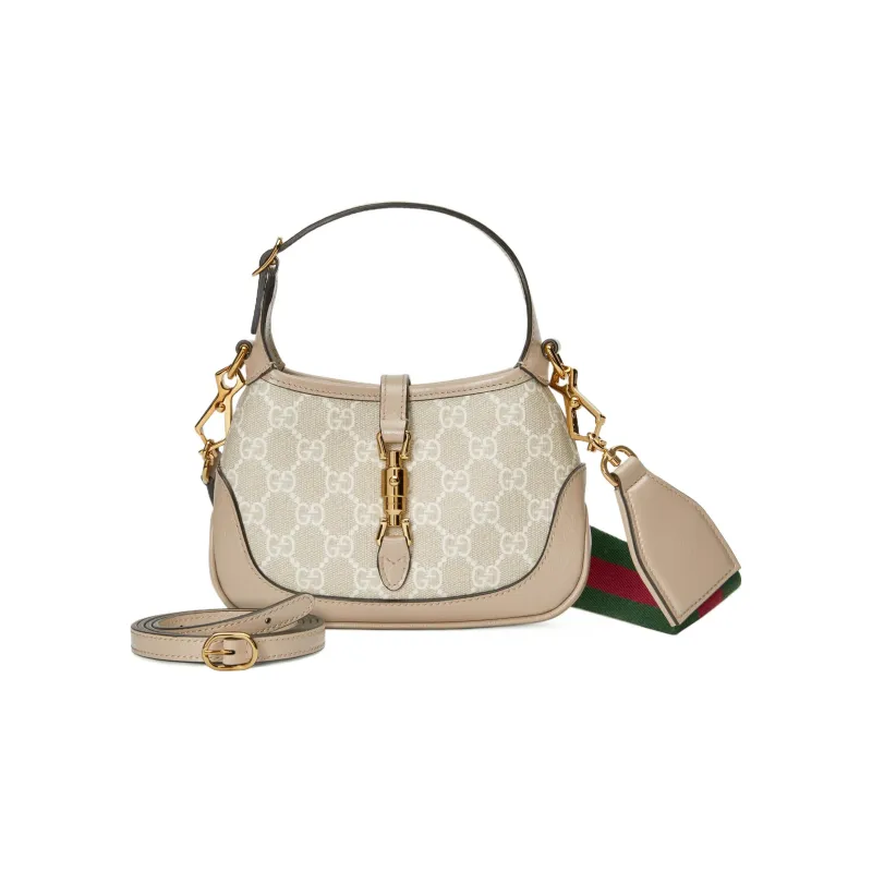 GUCCI Jackie 1961 Canvas With Leather Trim Crescent Shoulder Bag Shoulder Bag, Crossbody Bag Mini Women's Beige-4