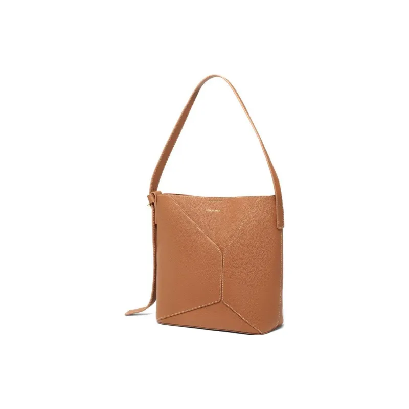 BELLE Genuine Leather Bucket Shoulder Bag Women's Ecru/Brown-6