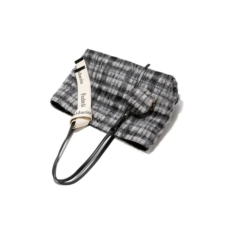 MACKJANICE Polyurethane Tote Shoulder Bag Women's Black White Plaid-5