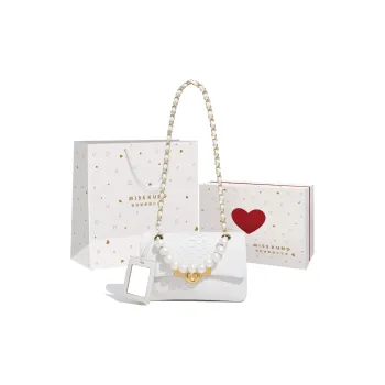 Miss Kung Rare Sheepskin Small Square Bag Chain Pearl Bag Crossbody Bag Medium Size Women's White