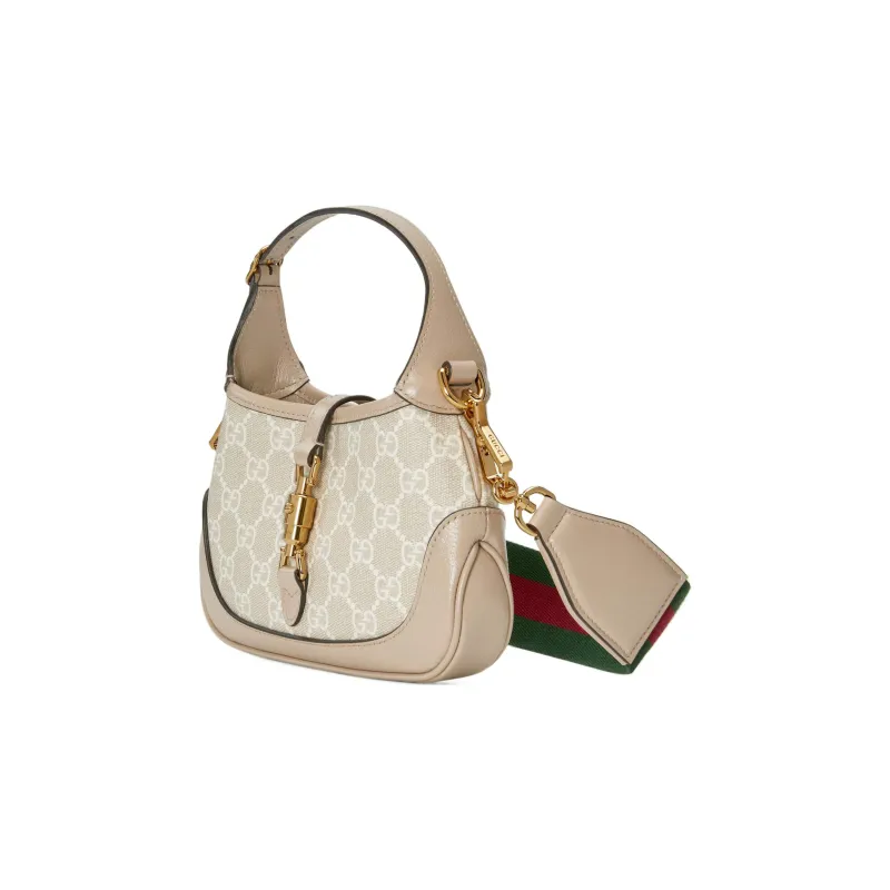 GUCCI Jackie 1961 Canvas With Leather Trim Crescent Shoulder Bag Shoulder Bag, Crossbody Bag Mini Women's Beige-1