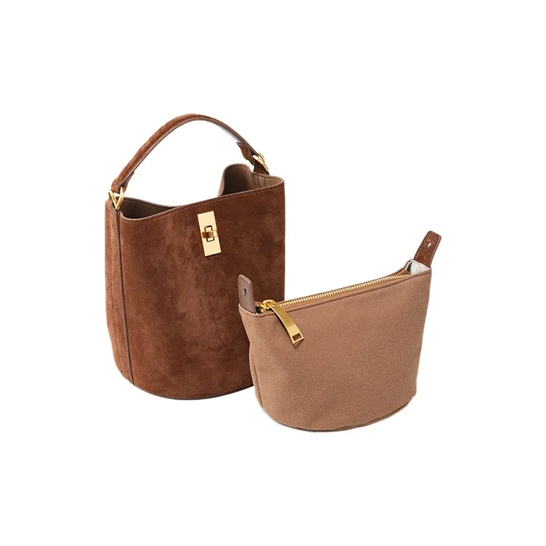 YOCAMU Suede Cow Leather Bucket Bag Handbag Shoulder Bag Crossbody Bag Women's Brown-3