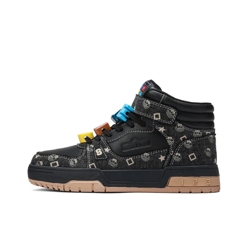 SESAME STREET Skateboard Shoes Unisex High Top Black & White/Denim Blue/Beige Apricot/Black-0