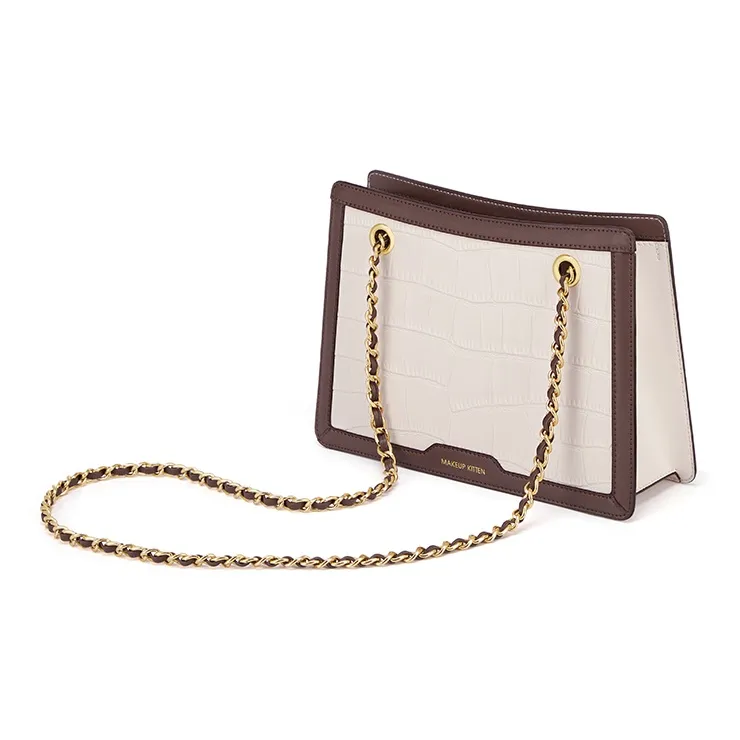 MAKEUP KITTEN Cow Leather Tote Shoulder Bag, Crossbody Bag Women's White & Coffee-4