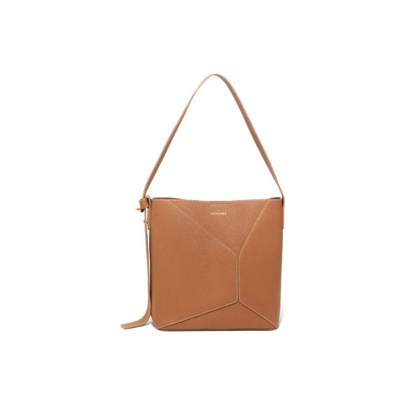 BELLE Genuine Leather Bucket Shoulder Bag Women's Ecru/Brown-5