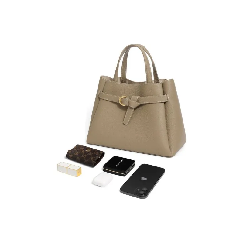 BELLE Cow Leather One Shoulder Handbag Medium Size Women's Gray/Brown-3